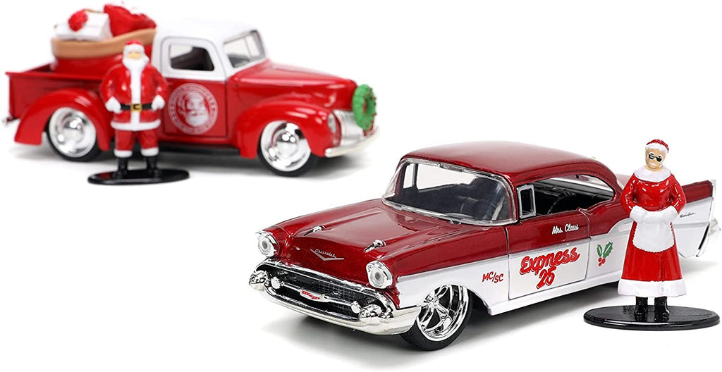 Jada Toys Holiday Rides 1:32 1941 Ford Pickup & 1957 Chevy Bel-Air Die-cast Car with 1.65” Santa Claus & Mrs. Santa Claus Figure, Toys for Kids and Adults