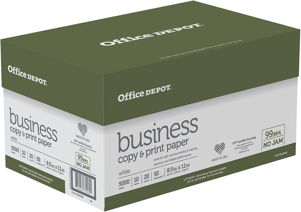 Office Depot® Brand Business Multi-Use Print & Copy Paper, Letter Size (8 1/2" x 11"), 92 (U.S.) Brightness, 20 Lb, Whit