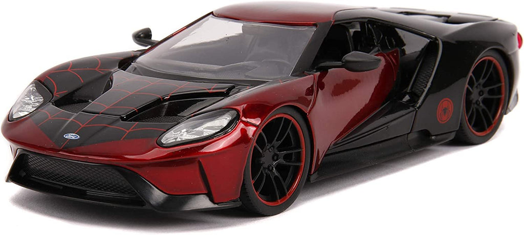 Jada Toys Marvel 1:24 2017 Ford GT Die-cast Car with 2.75" Miles Morales Spider-Man Figure, Toys for Kids and Adults Black and Red