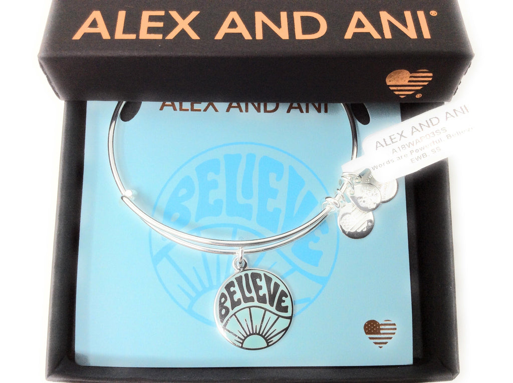 Alex and Ani Womens Words are Powerful, Believe EWB Bangle Bracelet, Shiny Silver, Expandable
