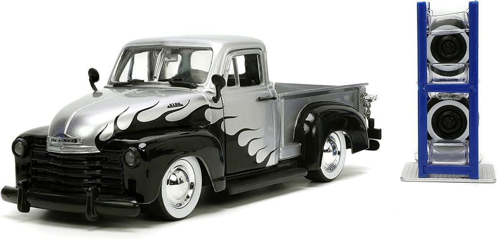 Jada Toys Just Trucks 1:24 1953 Chevy Pickup Die-cast Car Silver/Black Flames with Tire Rack, Toys for Kids and Adults