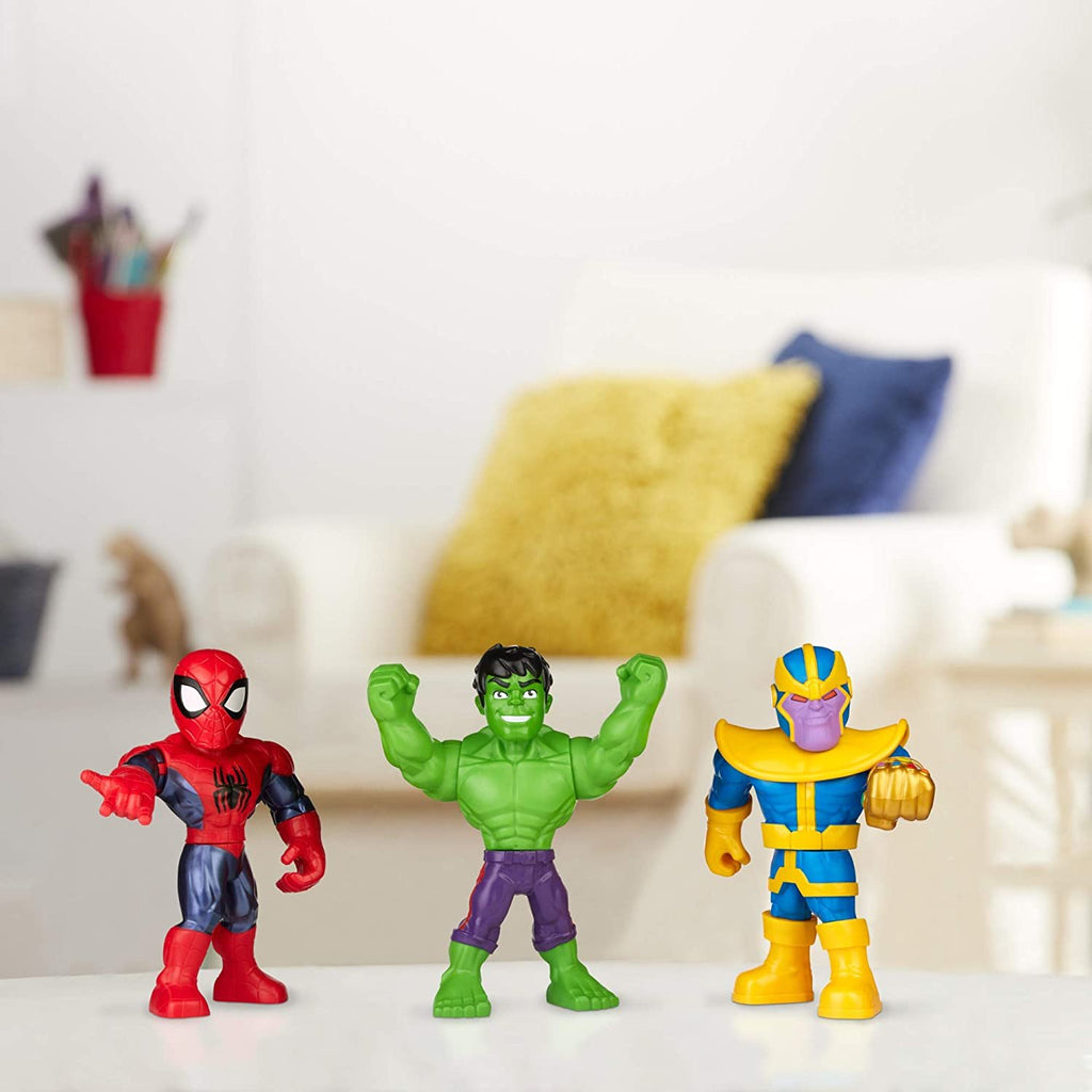 Playskool Heroes Marvel Super Hero Adventures Mega Mighties 25-cm Figure 3 Pack, Thanos, Spider-Man, Hulk Toys for Ages 3 and Up