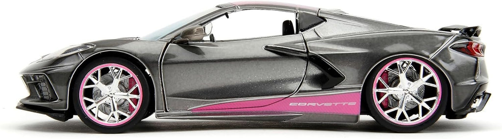 Pink Slips 1:24 2020 Chevy Corvette Stingray Die-Cast Car, Toys for Kids and Adults(Metallic Grey/Pink)