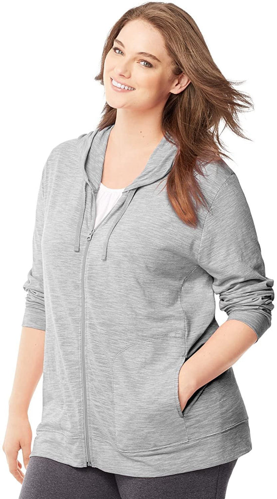 Just My Size by Hanes Women's Plus-Size Slub Jersey Full-Zip Hoodie-1X-Black Heather