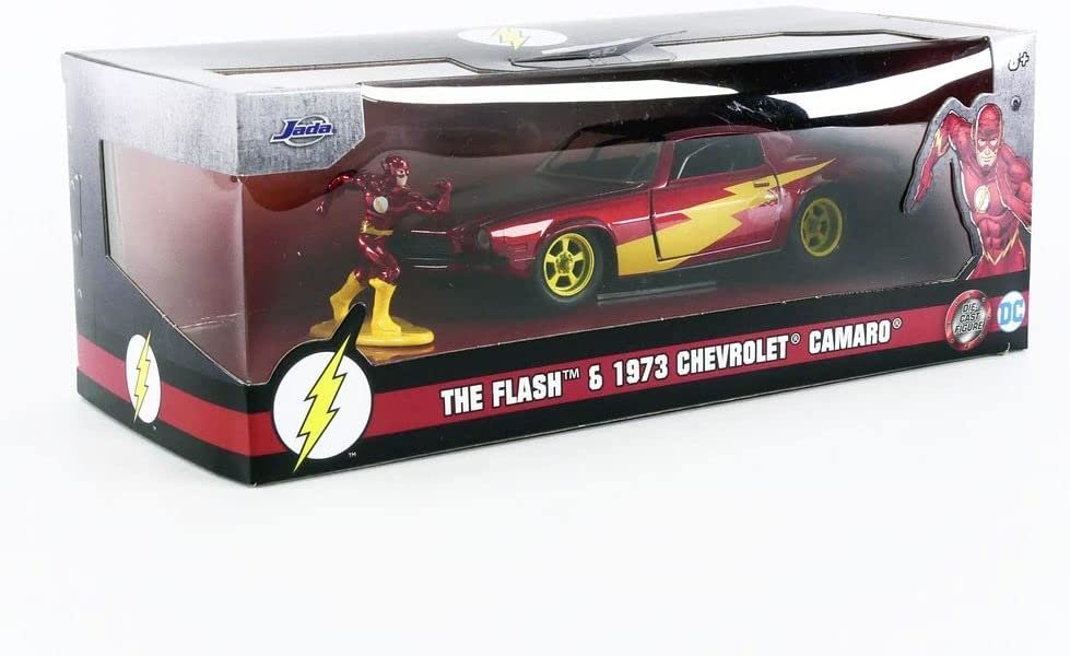 Jada Toys DC Comics 1:32 1973 Chevy Camaro Die-cast Car with The Flash Die-cast Figure, Toys for Kids and Adults , Red