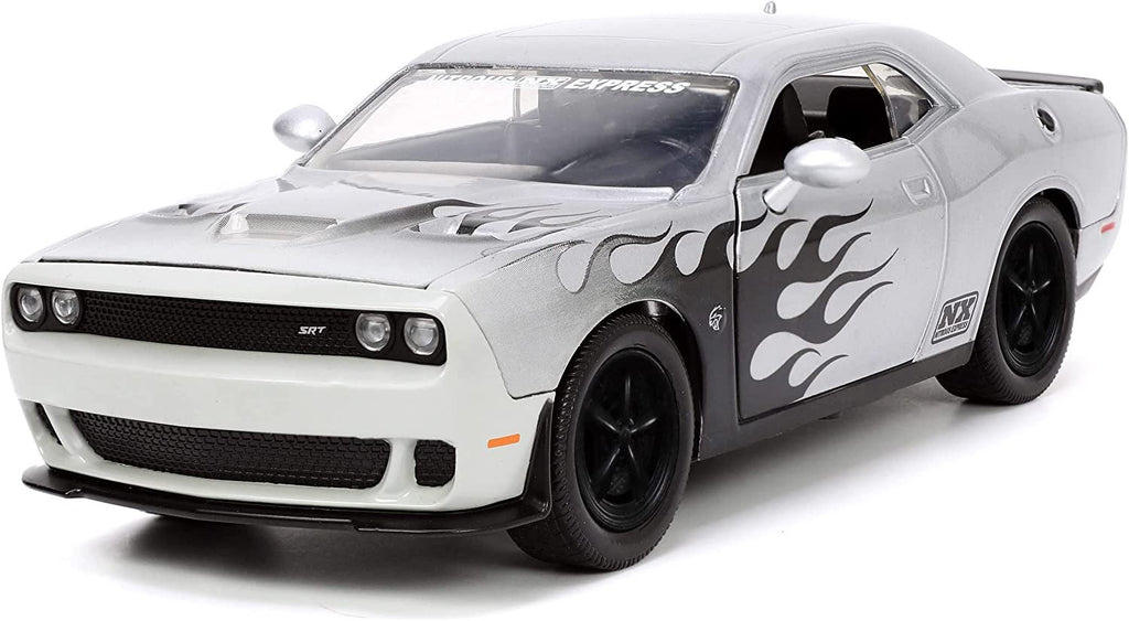 Jada Toys Big Time Muscle 1:24 2015 Dodge Challenger SRT Hellcat Die-cast Car Silver/Black Flames, Toys for Kids and Adults