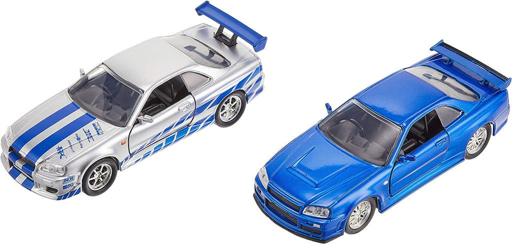 Fast & Furious Brian's Nissan Skyline GT-R R34 Silver & Nissan GT-R R34 Blue 1:32 Die - cast Car, Toys for Kids and Adults