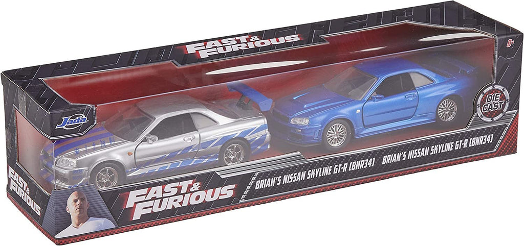 Fast & Furious Brian's Nissan Skyline GT-R R34 Silver & Nissan GT-R R34 Blue 1:32 Die - cast Car, Toys for Kids and Adults