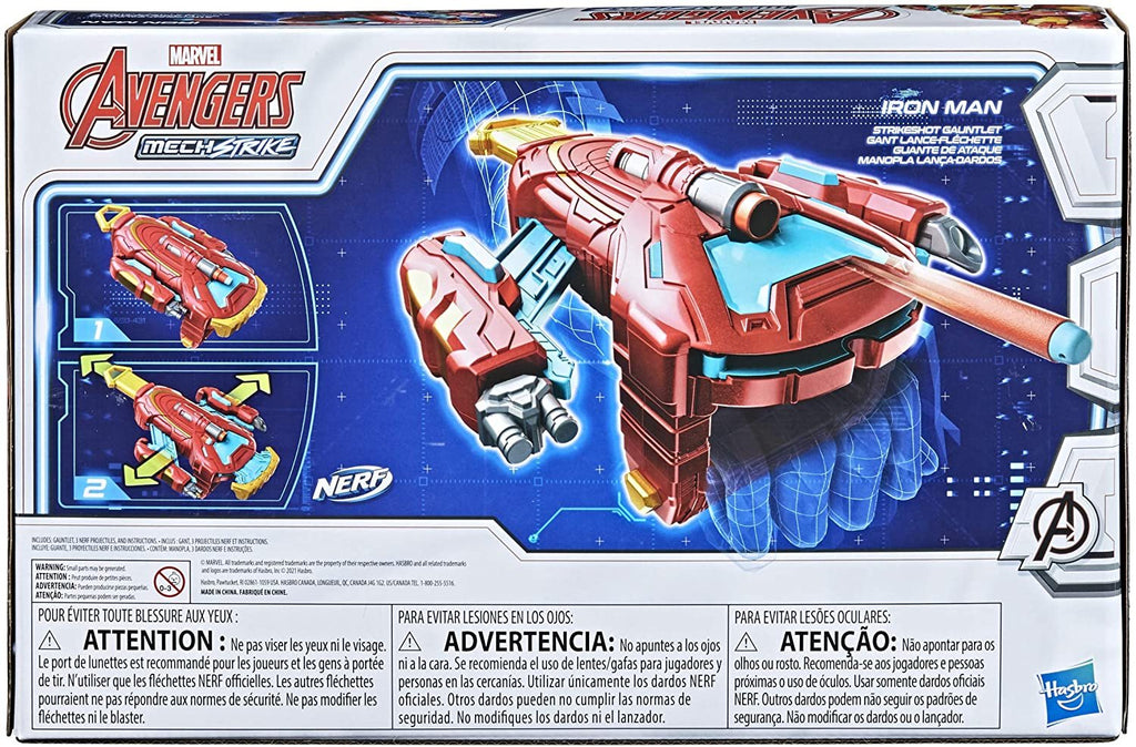 Marvel Avengers Mech Strike Iron Man Strikeshot Gauntlet Role Play Toy with 3 NERF Darts, Pull Handle to Expand, for Kids Ages 5 and Up