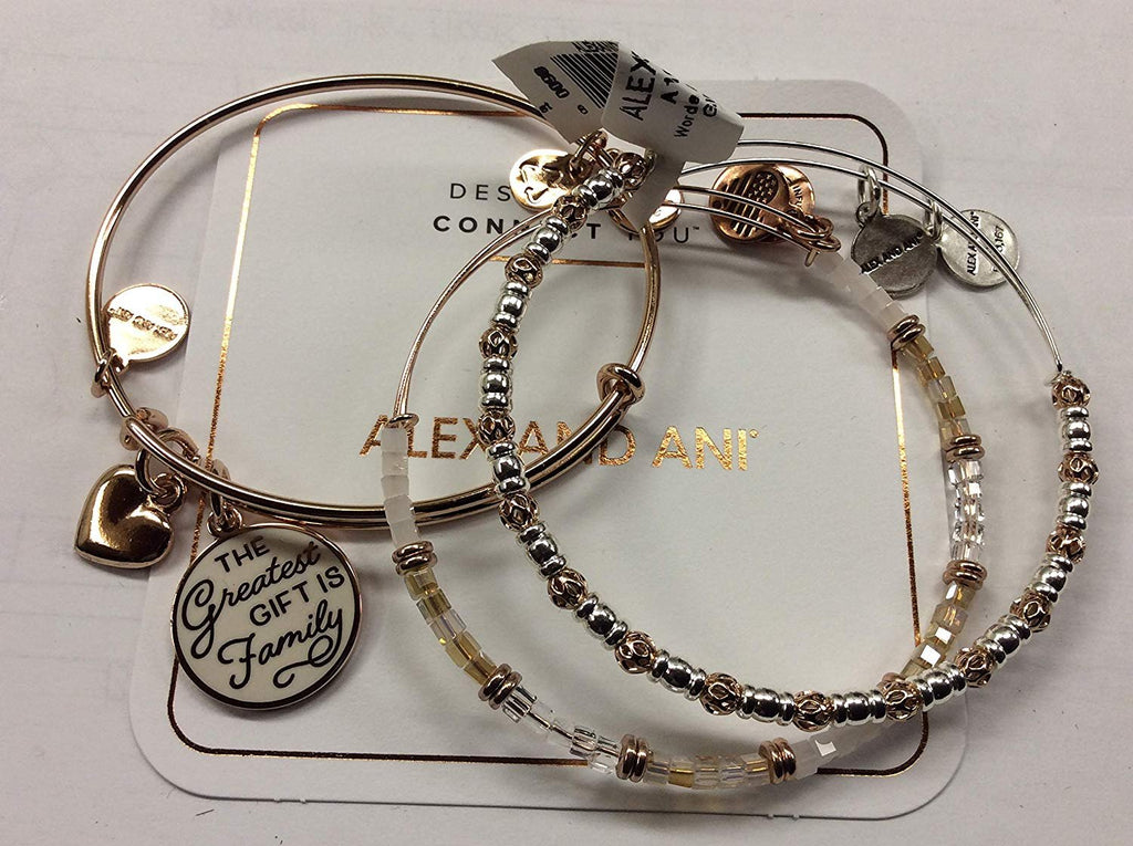 Alex and Ani Words are Powerful, The Greatest Gift is Family Set of 3 Bangle Bracelet Shiny Rose Gold One Size