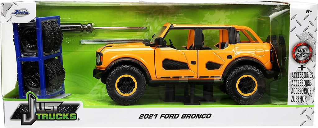 Jada Toys Just Trucks 1:24 2021 Ford Bronco Die-cast Car Orange with Tire Rack, Toys for Kids and Adults