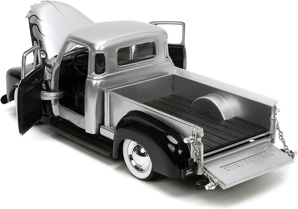 Jada Toys Just Trucks 1:24 1953 Chevy Pickup Die-cast Car Silver/Black Flames with Tire Rack, Toys for Kids and Adults