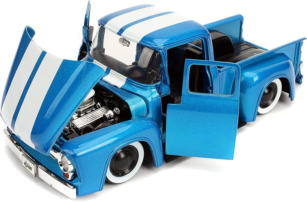 Just Trucks 1:24 1956 Ford F-100 Die-cast Car Blue/White Stripes with Tire Rack, Toys for Kids and Adults