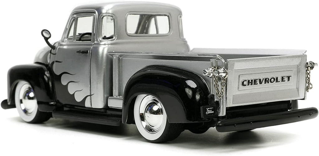 Jada Toys Just Trucks 1:24 1953 Chevy Pickup Die-cast Car Silver/Black Flames with Tire Rack, Toys for Kids and Adults