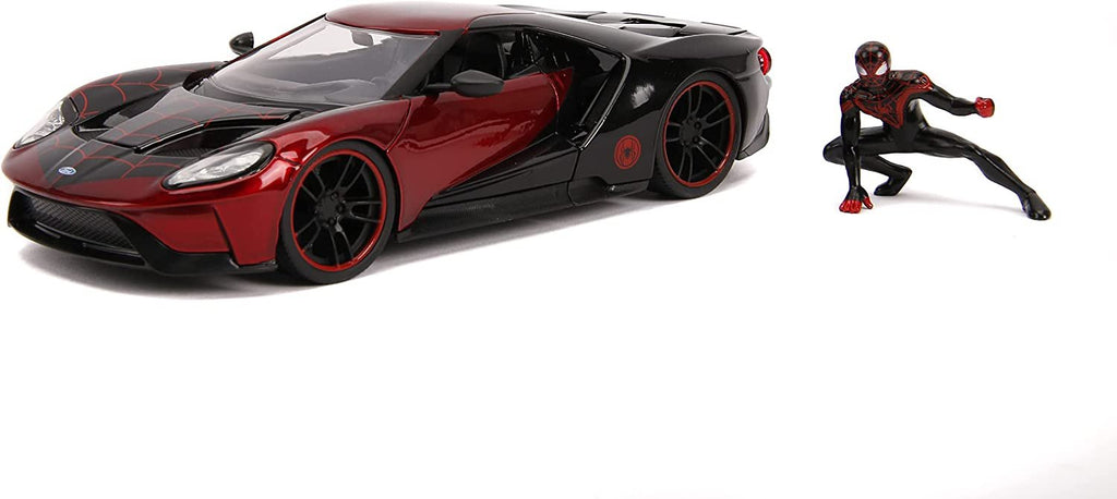 Jada Toys Marvel 1:24 2017 Ford GT Die-cast Car with 2.75" Miles Morales Spider-Man Figure, Toys for Kids and Adults Black and Red