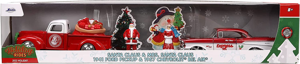Jada Toys Holiday Rides 1:32 1941 Ford Pickup & 1957 Chevy Bel-Air Die-cast Car with 1.65” Santa Claus & Mrs. Santa Claus Figure, Toys for Kids and Adults