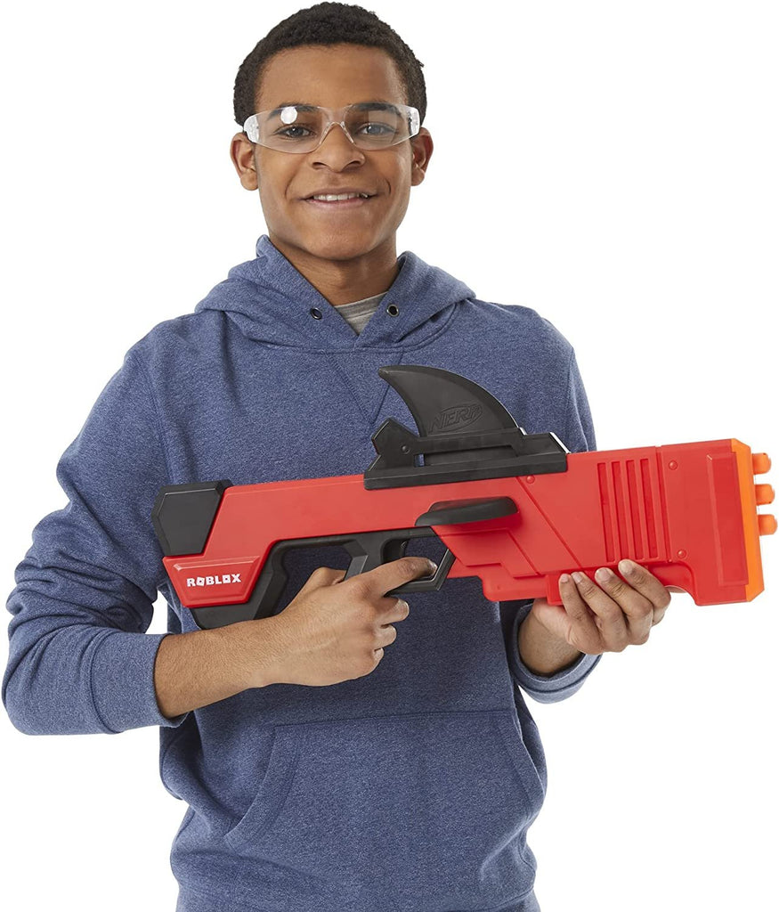 NERF Roblox MM2: Shark Seeker Dart Blaster, Shark-Fin Priming, 3 Mega Darts, Code to Unlock in-Game Virtual Item