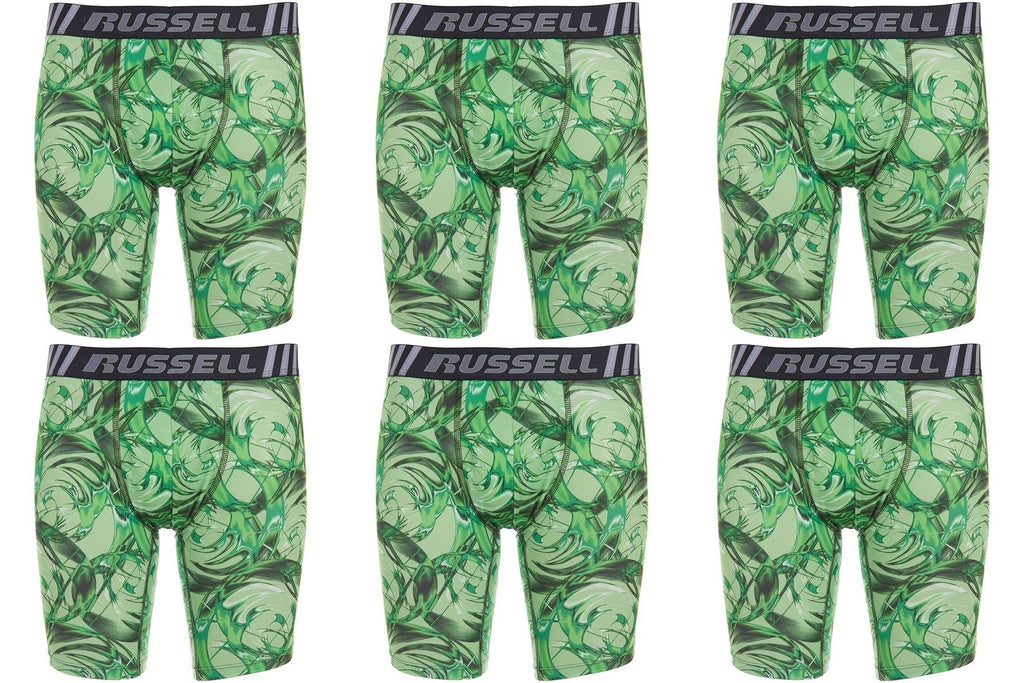 Russell Performance Men's Boxer Briefs Long Leg Green Print S-2X (6-Pack)