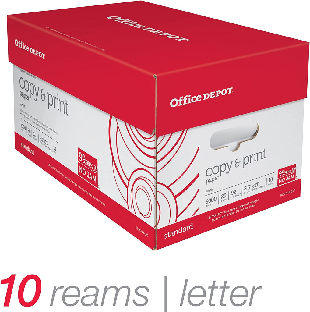 Office Depot White Copy Paper, 8 1/2in. x 11in., 20 Lb., 84 Brightness, Case Of 10 Reams