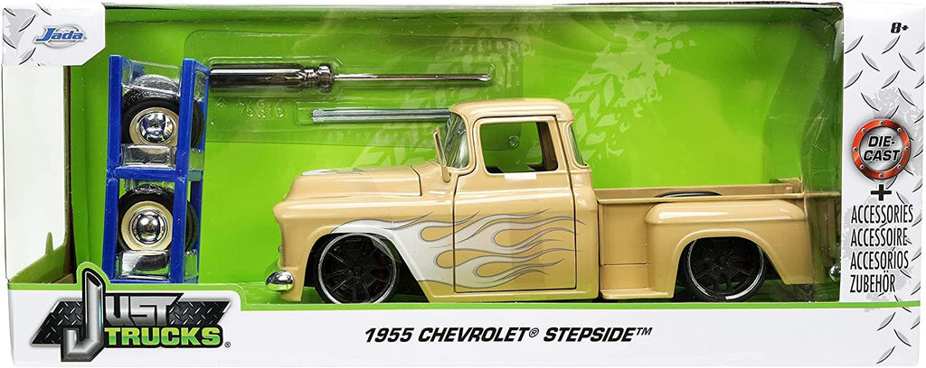 Jada Toys Just Trucks 1:24 1955 Chevy Stepside Pickup Die-cast Car Tan with Tire Rack, Toys for Kids and Adults (26144)