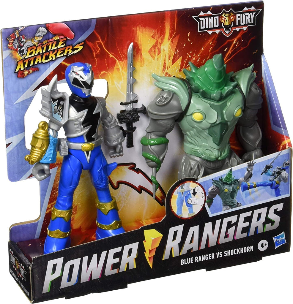 Power Rangers Dino Fury Battle Attackers 2-Pack Blue Ranger vs. Shockhorn Kicking Action Figure Toys with Accessory Inspired by TV Show Ages 4 and Up