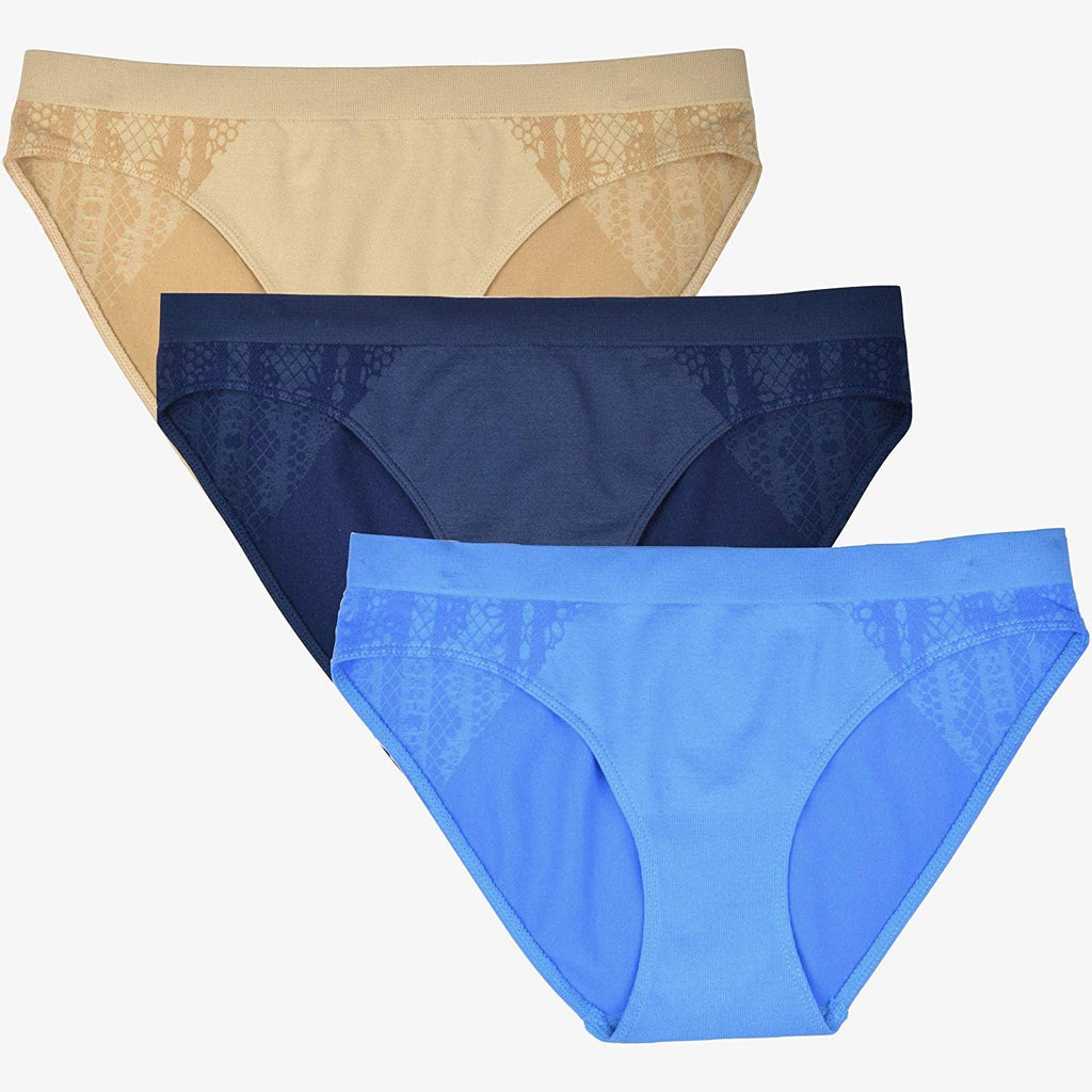 Elle Women's Seamless Bikini Panties Jacquard 3-Pack Polyester/Nylon/Spandex