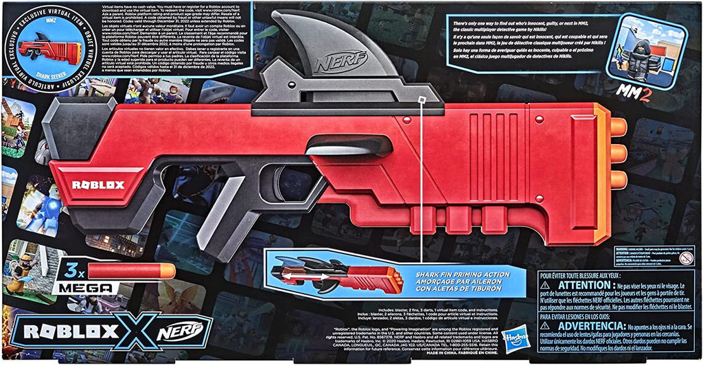 NERF Roblox MM2: Shark Seeker Dart Blaster, Shark-Fin Priming, 3 Mega Darts, Code to Unlock in-Game Virtual Item