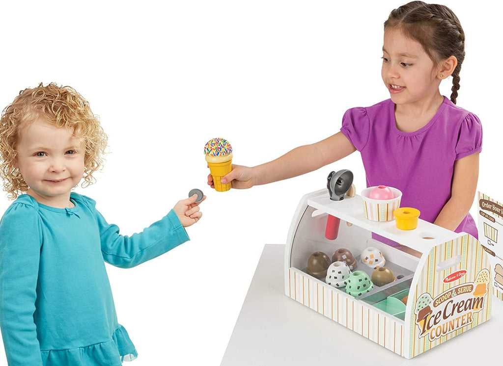 Melissa & Doug Wooden Scoop and Serve Ice Cream Counter (28 pcs) - Play Food and Accessories