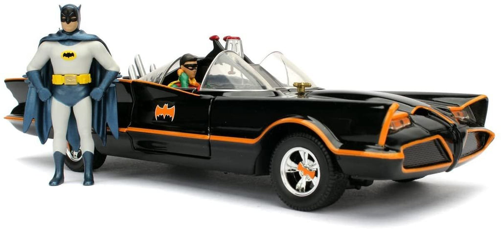 Jada Toys DC Comics 1966 Classic TV Series Batmobile with Batman and Robin figures; 1:24 Scale Metals Die-Cast Collectible Vehicle