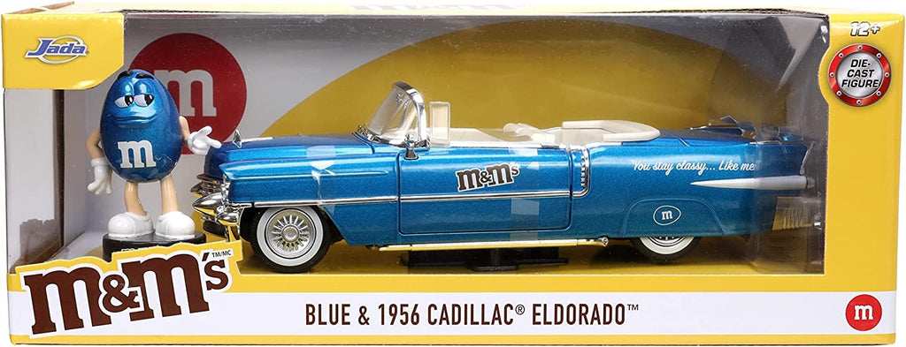 M&M's 1:24 1956 Cadillac El Dorado Die-cast Car w/ 2.75" Blue Figure, Toys for Kids and Adults