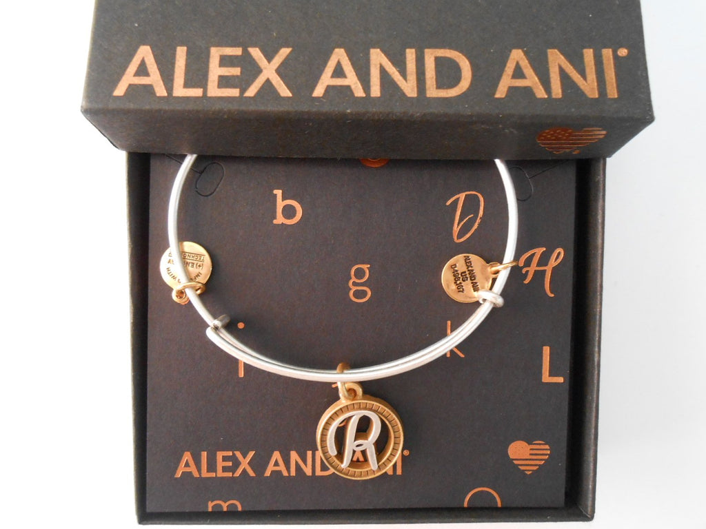 Alex and Ani Initial R Two-Tone Charm Bangle Bracelet - Rafaelian Gold and Silver Finish - A18EBINT18TTRS