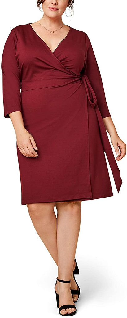 Seek No Further by Fruit of the Loom Women's Plus Size Ponte Â¾ Sleeve V-Neck Wrap Dress