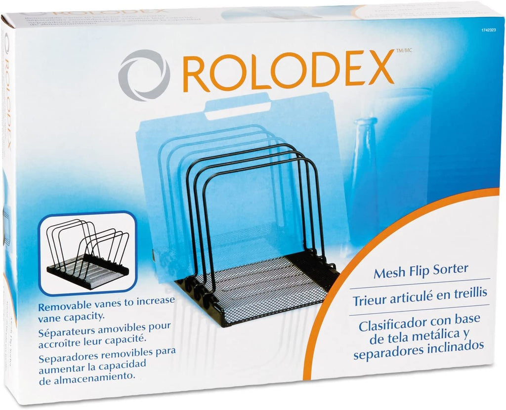 Rolodex 1742323 Mesh Flip File Folder Sorter Five Sections Black 10 1/4 x 7 1/2 x 7 1/2
