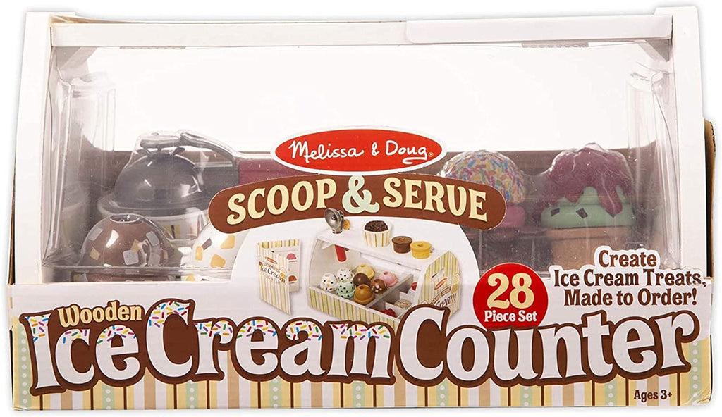 Melissa & Doug Wooden Scoop and Serve Ice Cream Counter (28 pcs) - Play Food and Accessories
