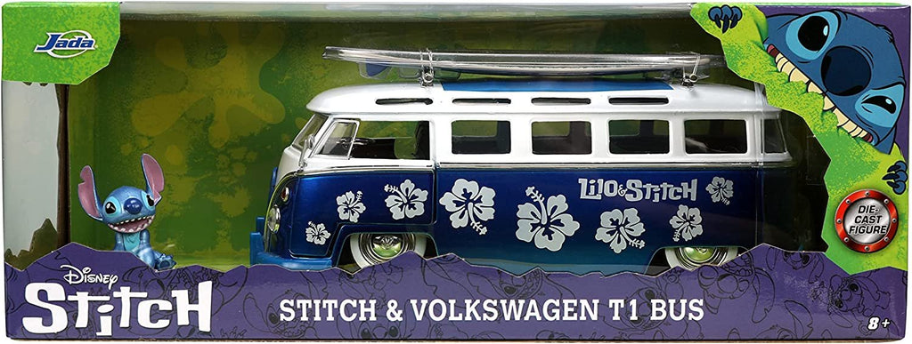 Jada Toys Disney Lilo & Stitch 1:24 Volkswagen T1 Bus Die-cast Car with Stitch Figure, Toys for Kids and Adults , Blue