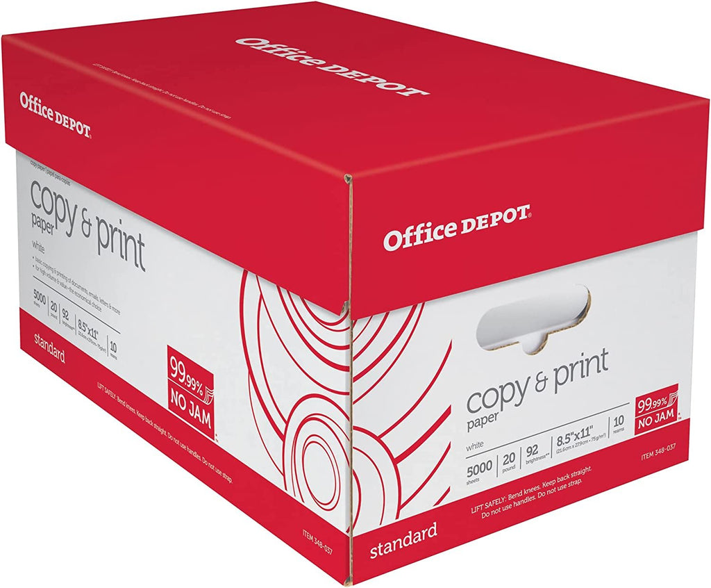 Office Depot White Copy Paper, 8 1/2in. x 11in., 20 Lb., 84 Brightness, Case Of 10 Reams