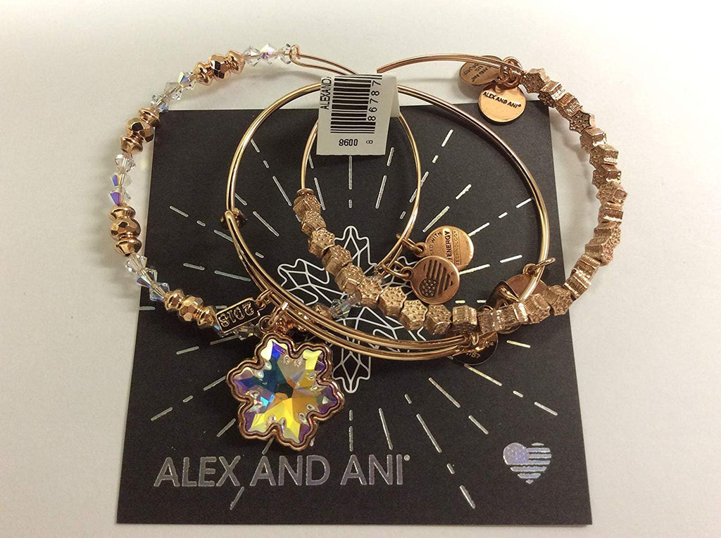 Alex and Ani Crystal Snowflake Set of 3 Bangle Bracelet Shiny Rose Tag Box Card