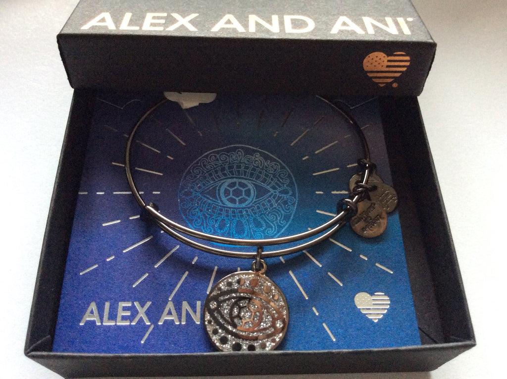 Alex and Ani Evil Eye Bangle Bracelet Midnight Silver Tag Box Card