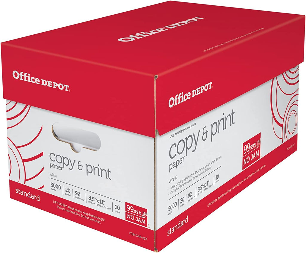 Office Depot White Copy Paper, 8 1/2in. x 11in., 20 Lb., 84 Brightness, Case Of 10 Reams