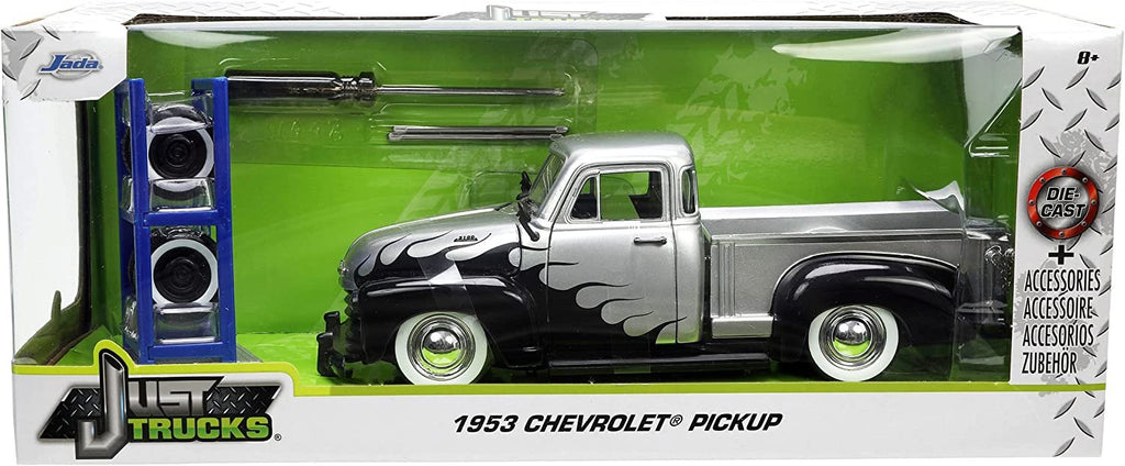Jada Toys Just Trucks 1:24 1953 Chevy Pickup Die-cast Car Silver/Black Flames with Tire Rack, Toys for Kids and Adults