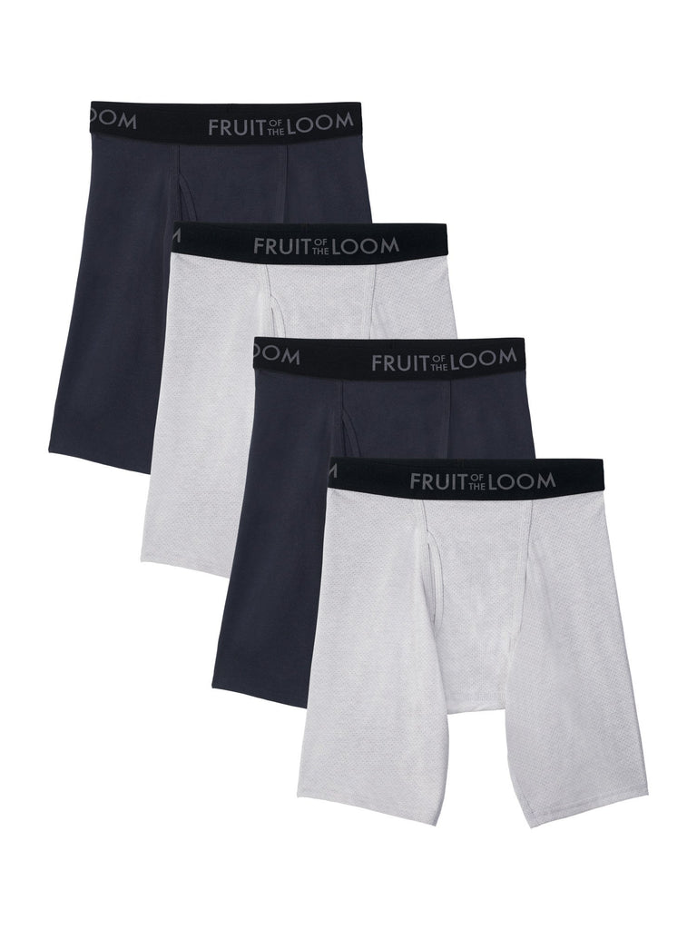 Fruit of the Loom Men's Boxer Briefs 4-PK Breathable Cotton Micro-Mesh Long Leg