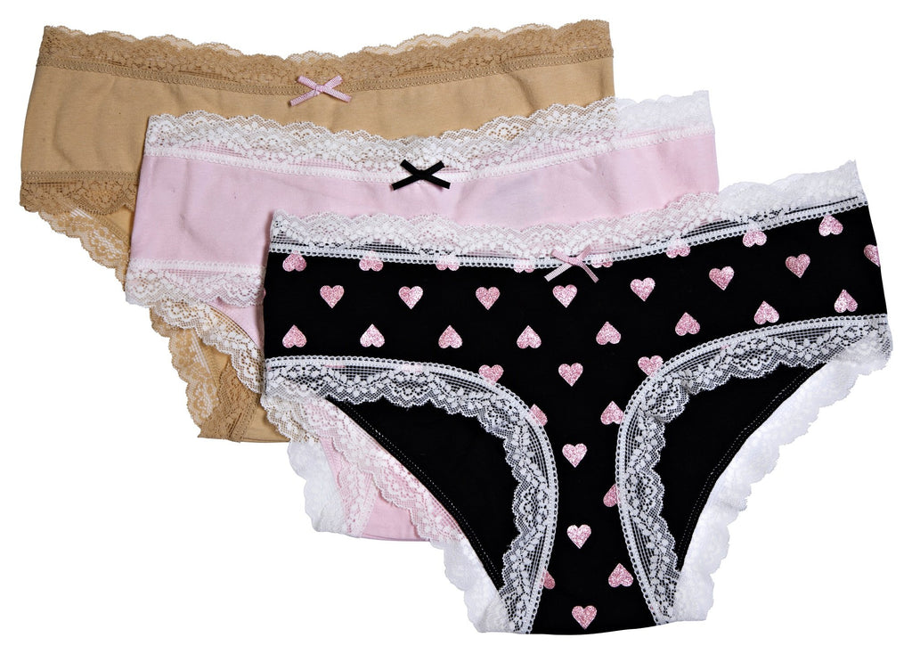 essie Women's Hipster Panties Lace Trim Rouched Back and Bow 3-Pack