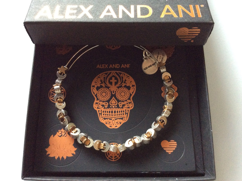 Alex and Ani Moon Star Beaded Bracelet Rafaelian Silver Tag Box Card