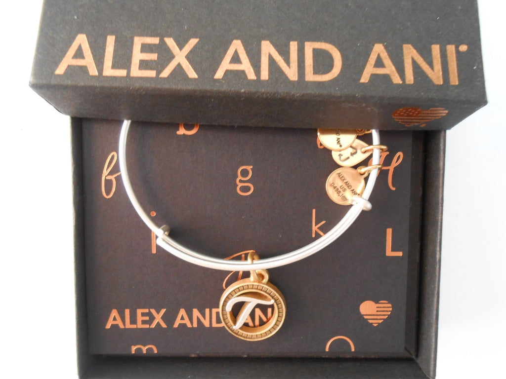 Alex and Ani Initial T Two-Tone Charm Bangle Bracelet - Rafaelian Gold and Silver Finish - A18EBINT20TTRS