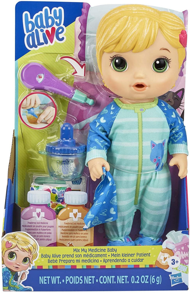 Baby Alive Mix My Medicine Baby Doll, Kitty-Cat Pajamas, Drinks and Wets, Doctor Accessories, Blonde Hair Toy for Kids Ages 3 and Up