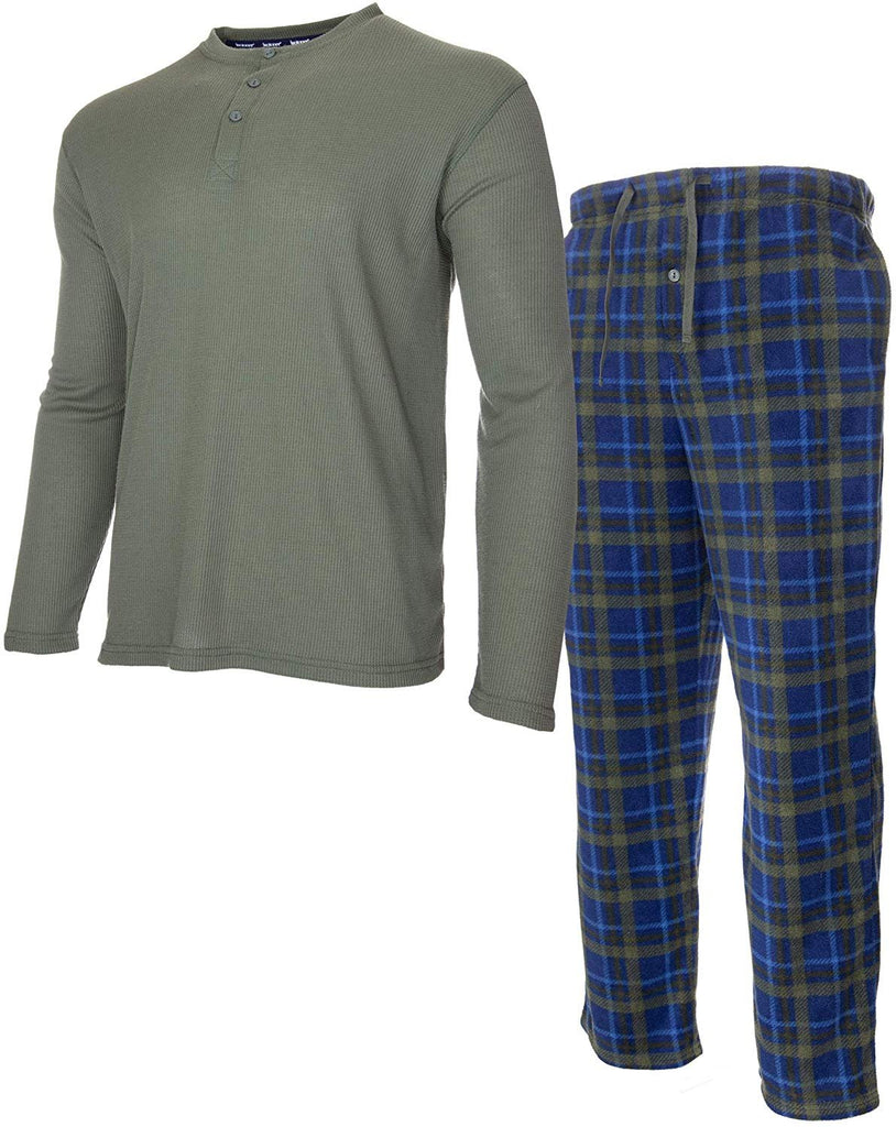 ISOTONER Mens Thermal Sleep Set - Pockets Super Soft Jersey Pajamas Knit Top Flannel Bottom