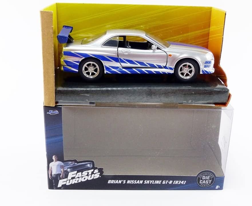 Jada Toys Fast & Furious 1:32 Brian's Nissan Skyline GT-R R34 Die-cast Car Silver/Blue, Toys for Kids and Adults