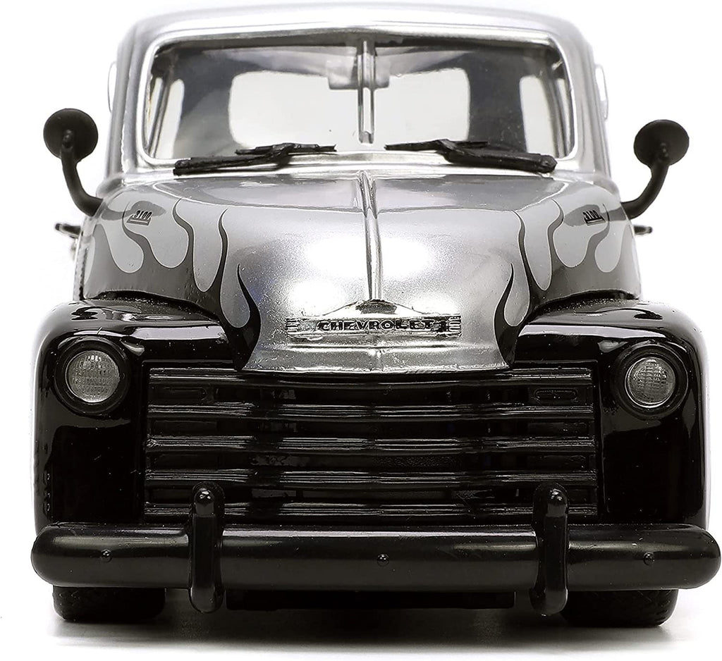 Jada Toys Just Trucks 1:24 1953 Chevy Pickup Die-cast Car Silver/Black Flames with Tire Rack, Toys for Kids and Adults