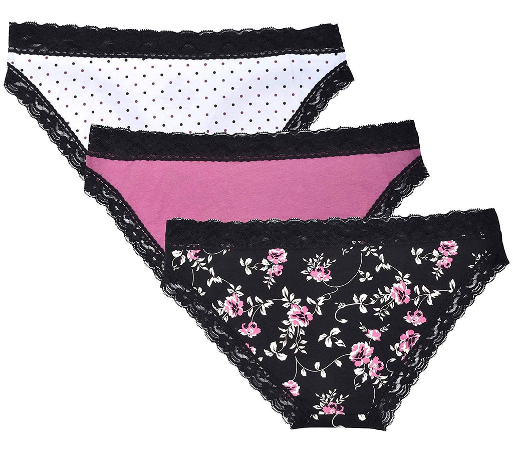 Donna L'oren Women's Bikini Panties Floral Lace Trim 3-Pack Sizes S-XL