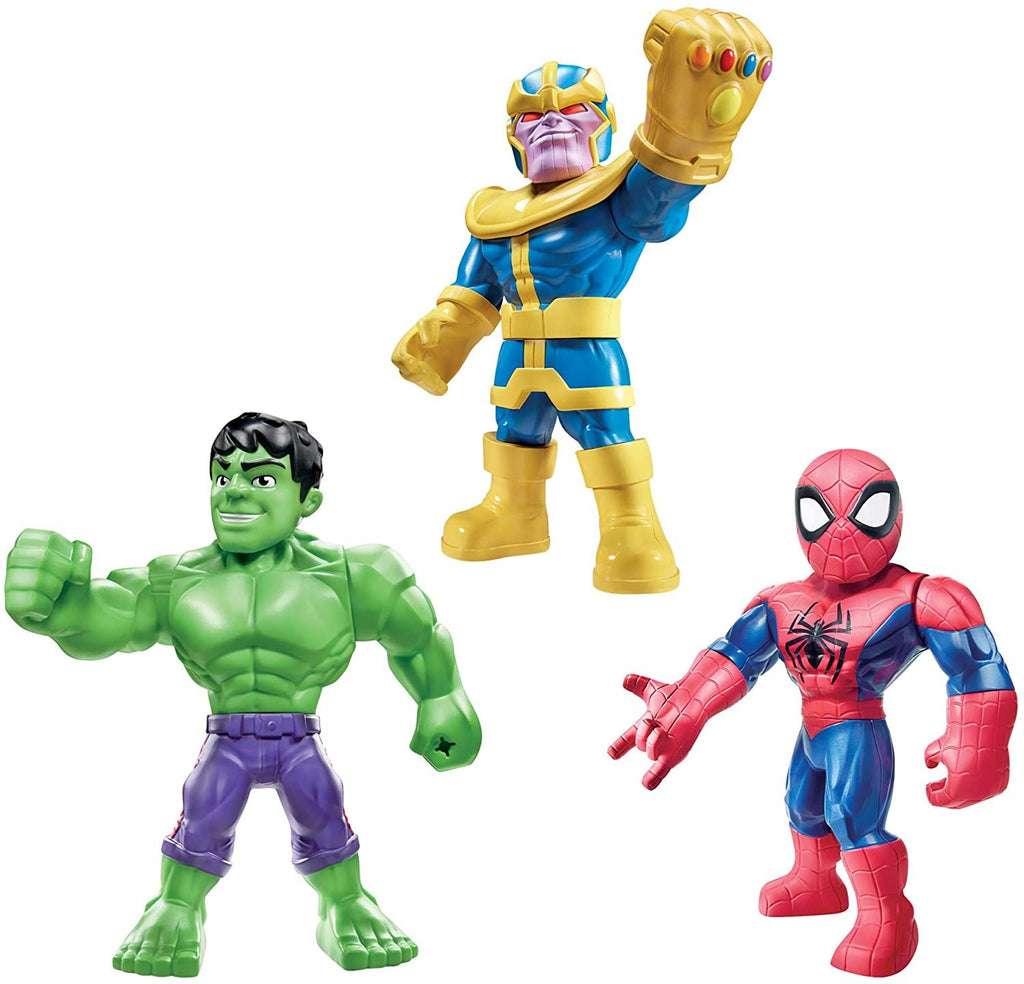 Playskool Heroes Marvel Super Hero Adventures Mega Mighties 25-cm Figure 3 Pack, Thanos, Spider-Man, Hulk Toys for Ages 3 and Up